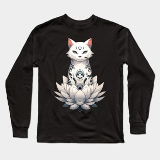 White cat with flower tattoo in lotus Long Sleeve T-Shirt